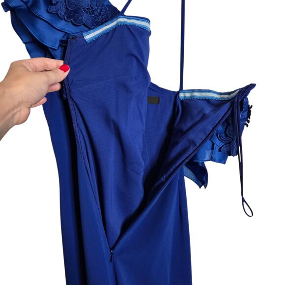 Badgley Mishka Royal Blue One Shoulder Ruffle Evening Gown 2 Formal Wedding - Picture 9 of 16